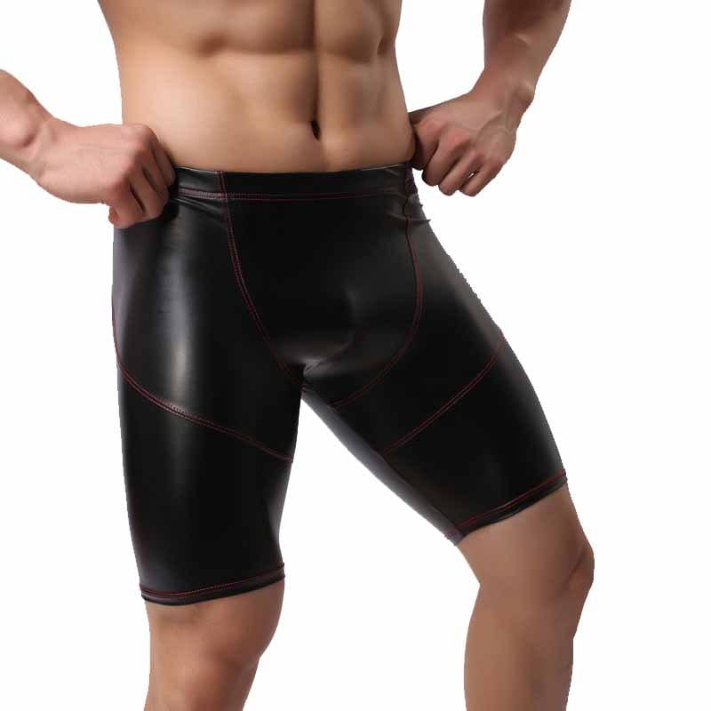 Men Underwear Boxers Shorts Homme Black Faux Leather Pantie Man U Convex Pouch Long Leg Underpants Cueca Calzoncillos M-XXL