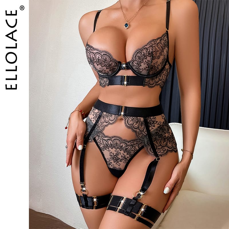 Ellolace Luxury Lingerie Erotic Outfit Lace Sexy Ladies Underwear Suspender Set Romantic Hot Bilizna Fancy See Through Outfits