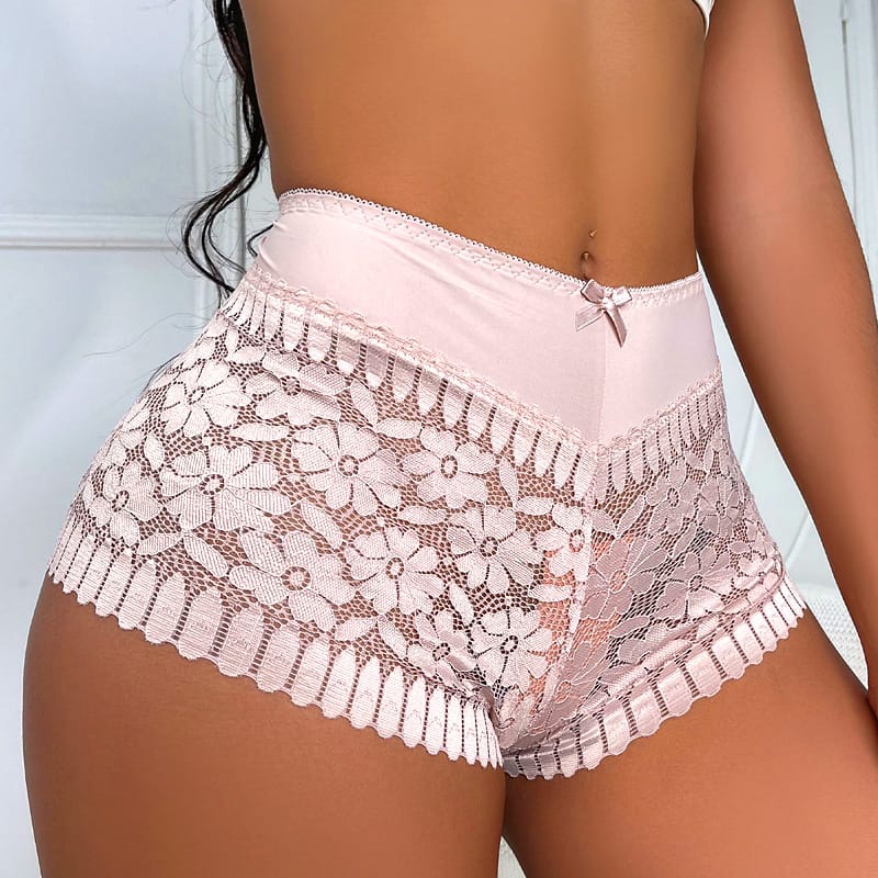 Women Transparent Mesh Mid-Waist Flowers Embroidery Lace Panties Hollow Boxer Shorts Underwear Seamless Lingerie Sexy