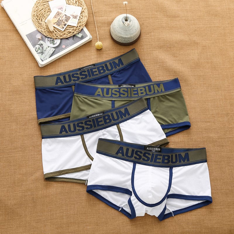 Aussiegum Men's Mesh Underwear Low Rise Fashion Breathable Mesh Pocket Letter Youth Flat Corner Pants