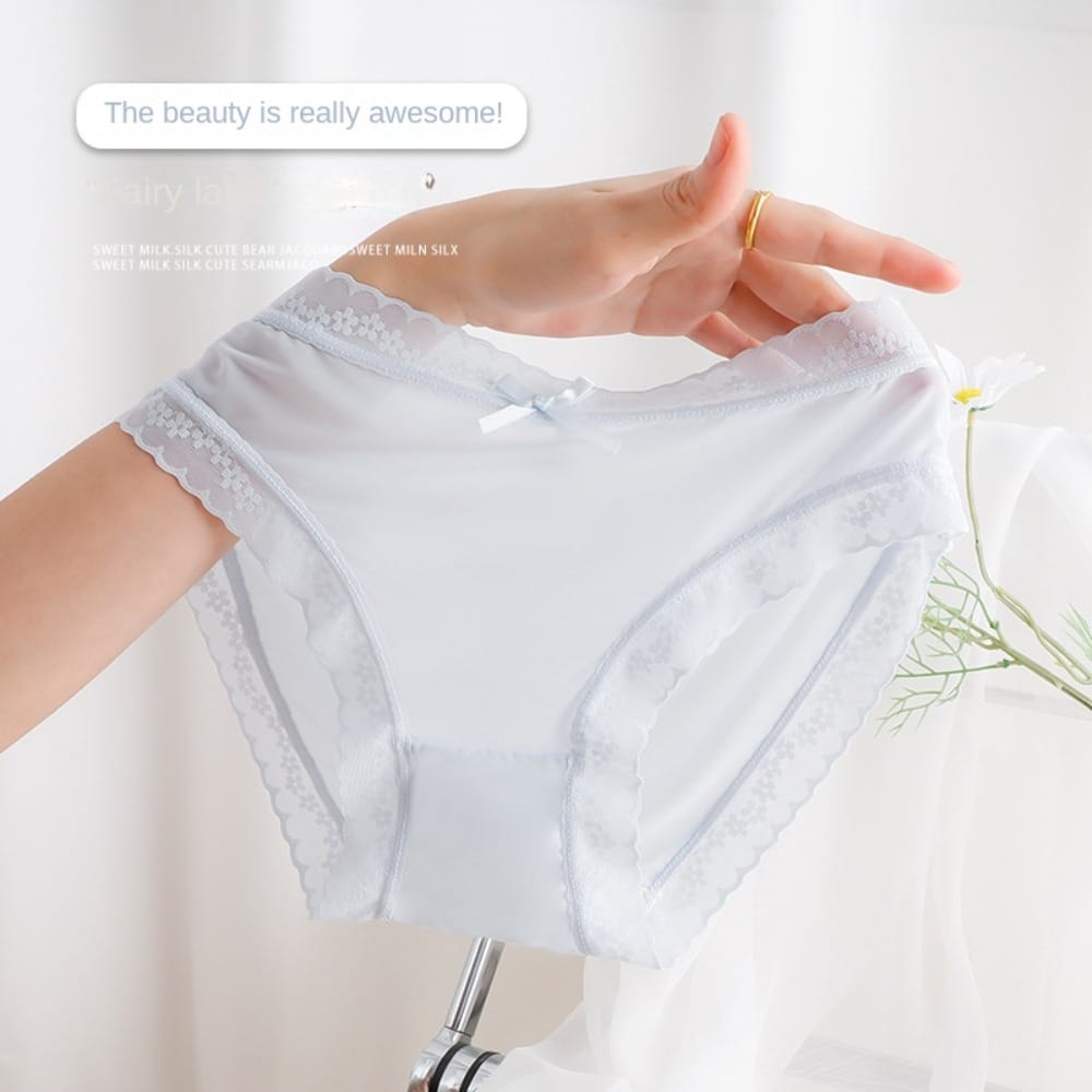 Sweet Bow Ice Silk Panties Women Ultra Thin Breathable Briefs Seamless Underpants Lace Ruffles Underwear Female Lingerie