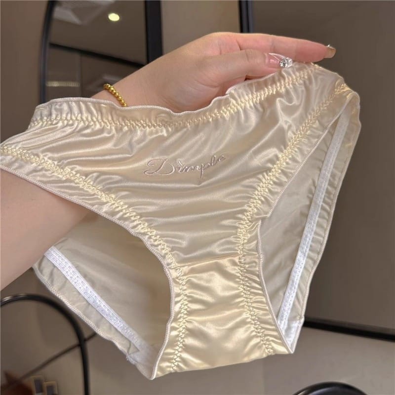 Silky Satin Embroidered Letter Underwear Ladies Low Waist Pure Cotton Crotch Briefs Women's Sexy Pure Desire Hip Lifting Panties