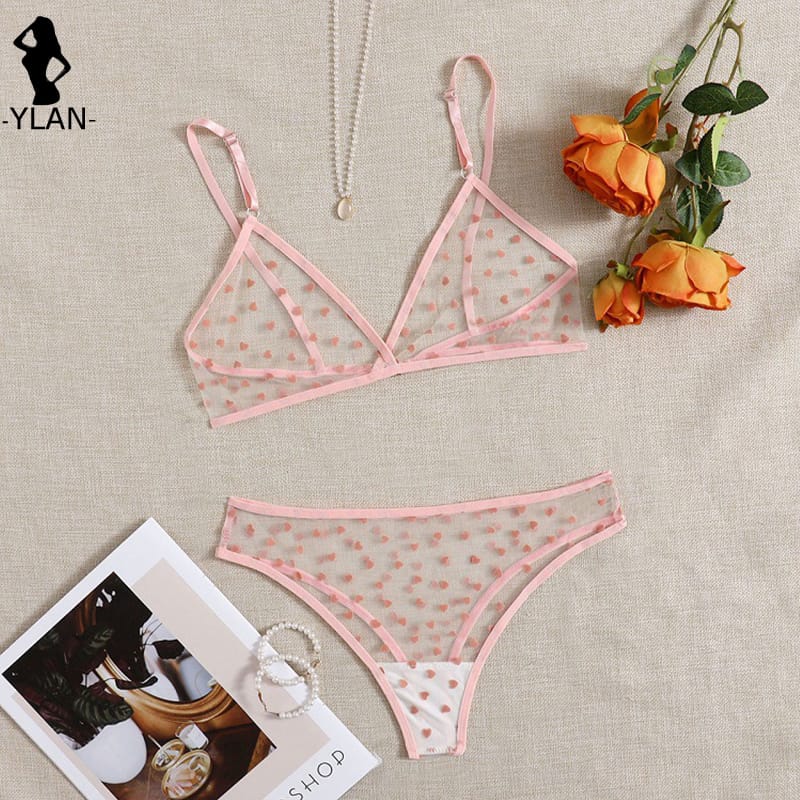 Bra Set Sensual Lingerie Woman Love Printing Sexy Underwear Pink Mesh See-Through Erotic Lingerie Sexy Women's Bra And Panty Set