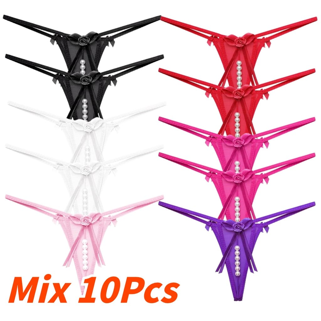 Sexy Lingerie Beading Floral Mesh Bow Black Women's Panties 1/3/5/10Pcs Lots G-strings Bowknot Underwear T-back Ladies Thongs