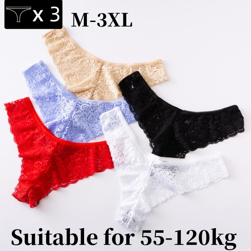 3PCS Women Panties Solid Breathable Thongs Sexy Briefs Lace Underwear Plus Size Underpants Lady Briefs Low Waist Panties M-3XL