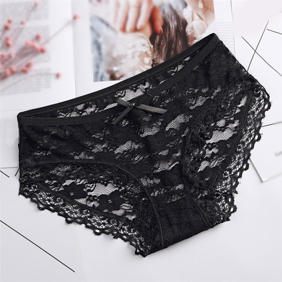 Sexy Bow Lace Panties For Women Hollow Mesh Bow Lingerie For Women Embroidery Low Waist Briefs Sexy Lingerie Women's Underwear