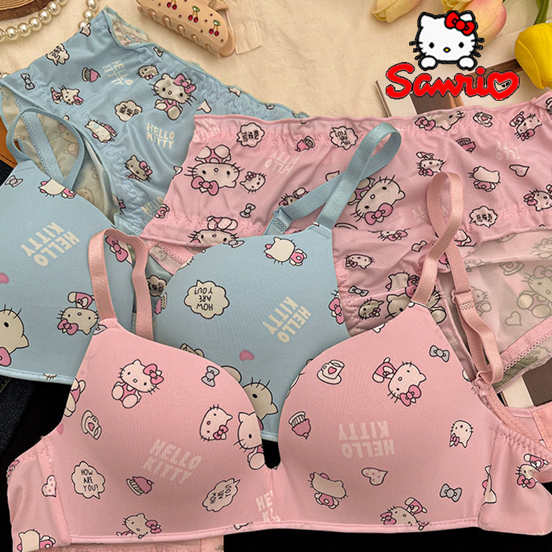 Sanrio Hello Kitty Women underwear Sexy Bra Panty Set Cartoon No Wire Push Up Underwear Female's Breathable Gathered Bra Gifts