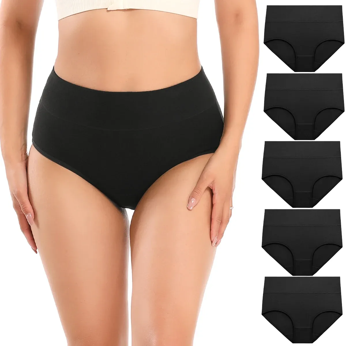 POKARLA Women Soft Cotton Underwear Comfortable No Muffin Top Briefs Female High Rise Belly Control Panties Sets Black Plus Size