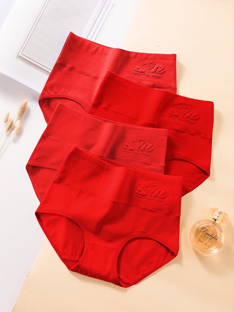 4Pcs Cotton Women Panties Good Luck Red Underwear Breathable Underpants Plus Size Panty High Waist Body Slimming Female Briefs
