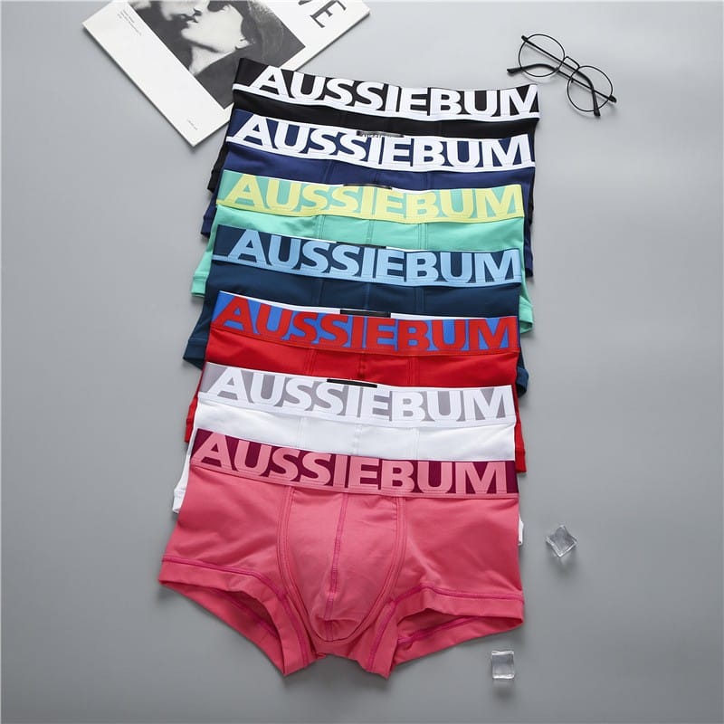 Aussiegum men's pure cotton underwear with low waisted letters for fashionable and comfortable sweat-absorbing boxer shorts