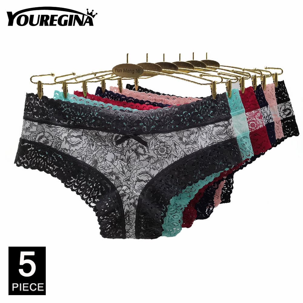 Sexy Lace Women Panties Cotton Underwear Girls Bow Briefs New Ladies Bikini 5 Pcs/set