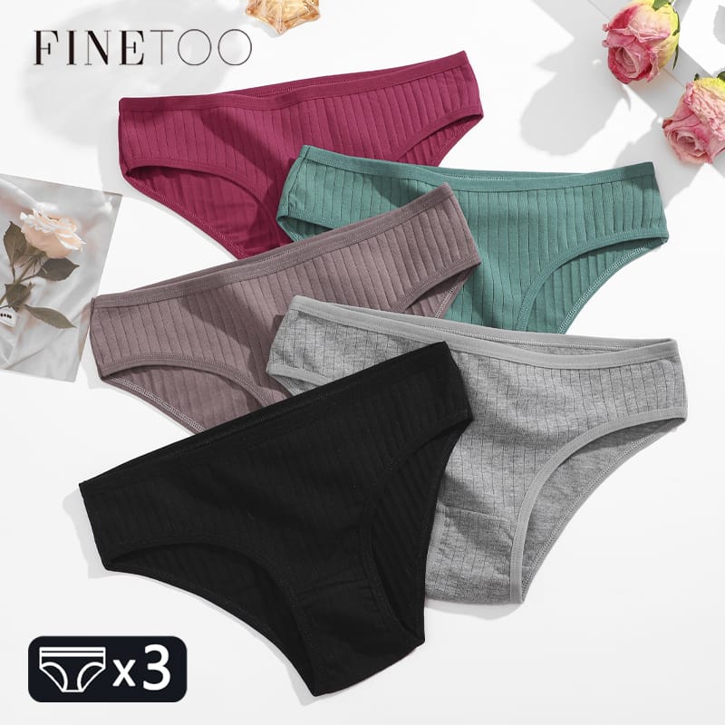 FINETOO 3PCS/SET Cotton Ribbed Striped Underwear for Women Plus Size 10 Soild Colours Stretch Briefs Ladies Soft Lingerie S-7XL