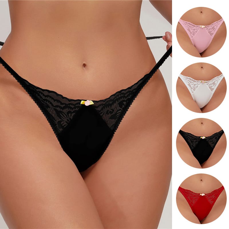 Women's Sexy Lace Thongs Panties Cotton Low Rise Perspective T-Back Lingeries Comfortable Seamless Elastic Thin Belt Underwear