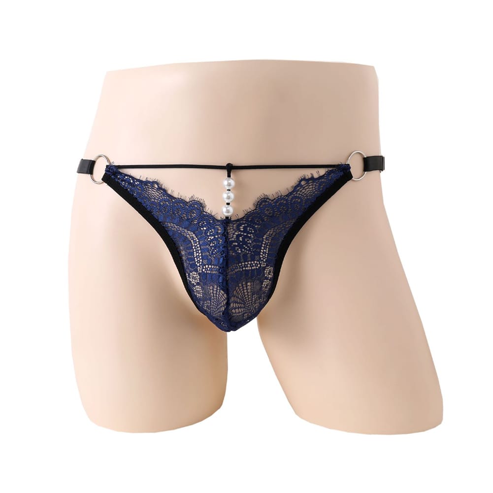 Men Sexy Lace G-String Sissy Bulge Pouch Thongs Hollow Pearl Underwear T-back Low Rise Briefs Seduction Erotic Underpants