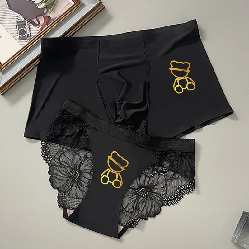 Fashion Matching Underwear Couple Sexy Lovely Bear Print Smooth Ice-silk Men Boxer Shorts Womens Briefs Bikini Lovers Panties
