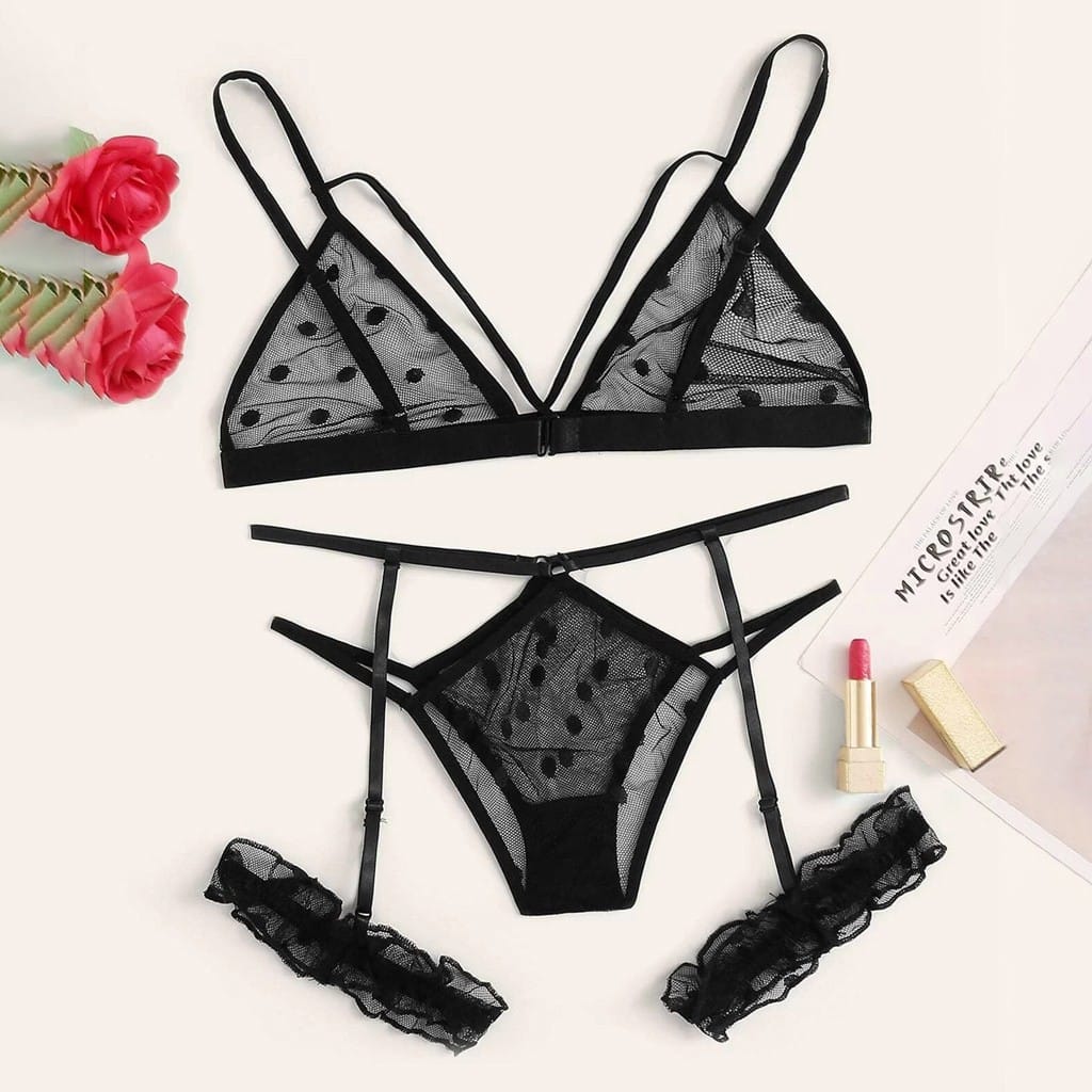 Mesh Sexy Bra Set Women Dot Print Sexy Lingerie Underwear Set Hot Erotic V-neck Braf Garter Thong Set Perspective Underwear