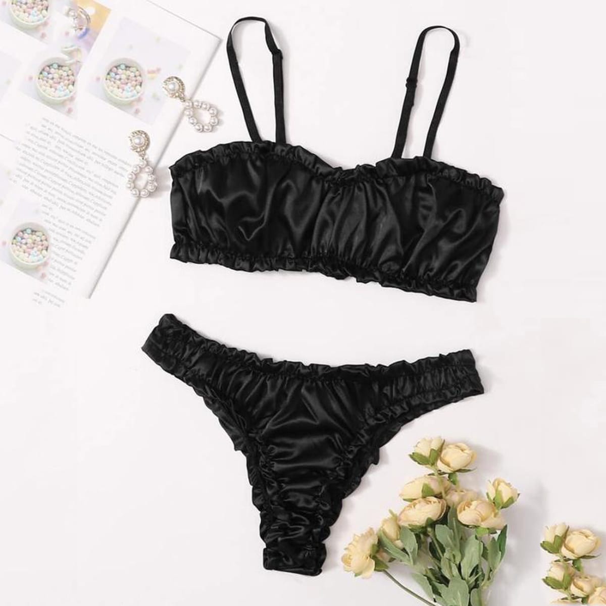 Sexy Silk Satin Lingerie Set Women Elastic Naked Underwear Bra Thong Black Sexy Lingerine Outfit Female Comfy Bra Set Sleepwear