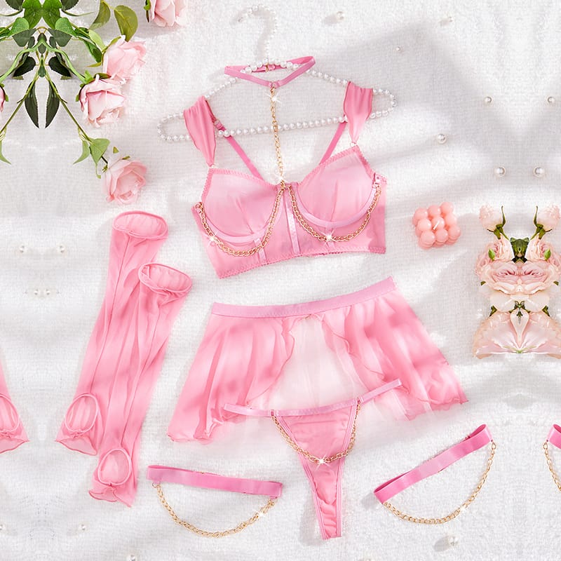 New Neck Sexy Chain Thong Bra Steel Ring Sweet INS Girl Pink Underwear Set of Five Lingerie for Women Bra and Panty Set