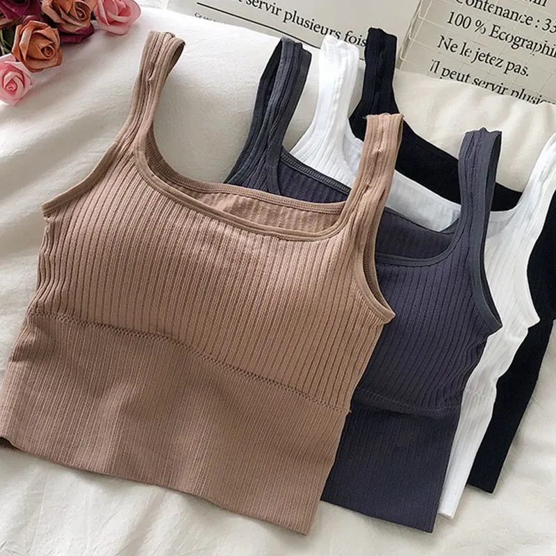 Seamless Crop Top Wire-Free U Back Camisole Wide Straps Striped Solid Bralette Vest Women's Underwear Sexy Lingerie Tanks Top