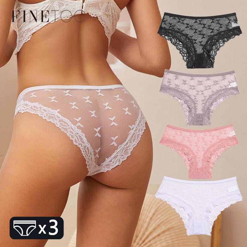 FINETOO 3PCS Women's Lace Panties Sexy Perspective Underwear Briefs Female Solid Color Hollow Out Lingerie Floral Intimates S-XL