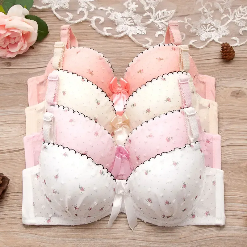 Puberty Women A B Cup Floral Print Underwire Bra Sweet Student Lace Bow Push Up Adjustable Small Bras Cotton Sexy Thin Underwear