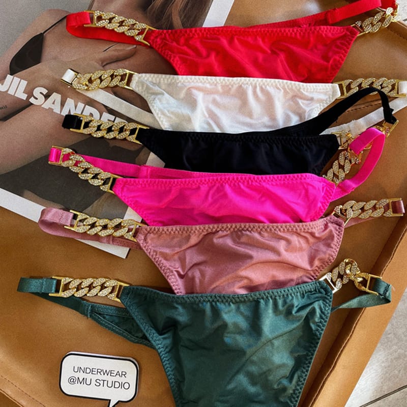 Hot Sexy Lingerie Rhineston Metal Chain LOVE Secret  Special Unique Briefs Bikini Panties Fluorescence Color Womens Underwear