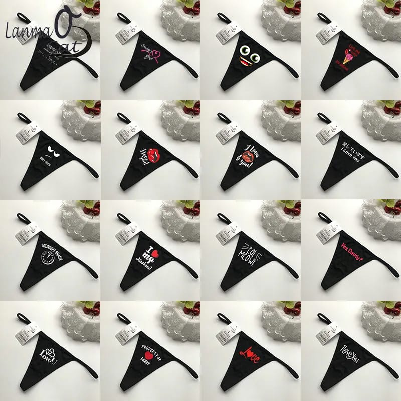 Sexy Black G string Underwear Women Hot Sexy Lingerie Panties Cotton Thongs T back Lingerie Ladies Funny Print T-Back Underwear