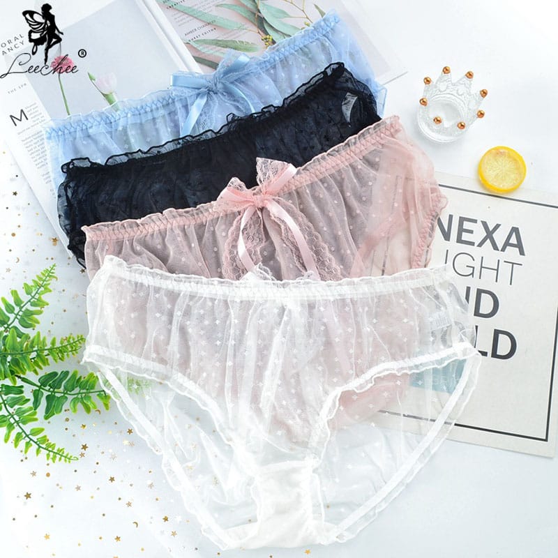 Leechee New Women's Loose Panties Mid Waist Mesh Sexy Underwear Breathable Cool Solid Color Bowknot Shorts