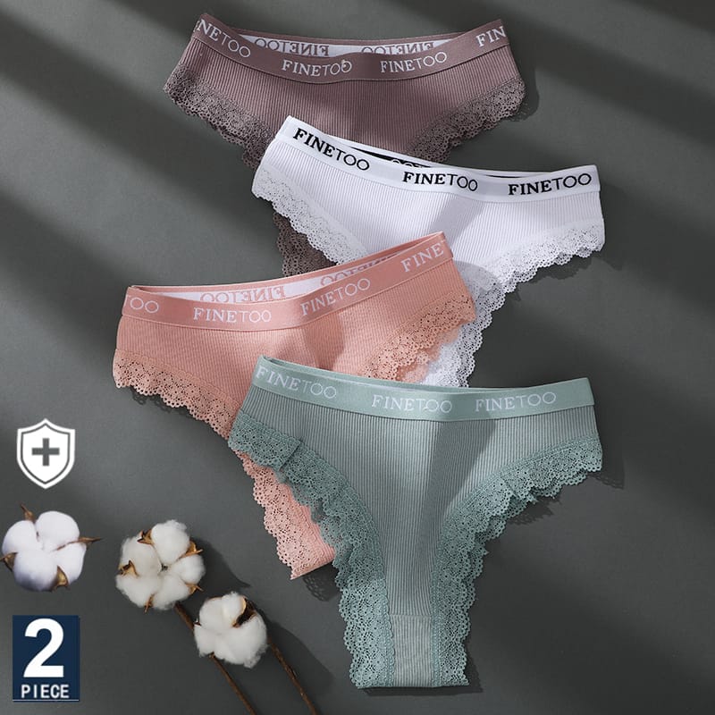 FINETOO 2PCS/Set Women's Cotton Panties Girls Letter Thongs Brazilian Pantys Sexy Lace Underwear For Woman Lingerie Bikini Panty
