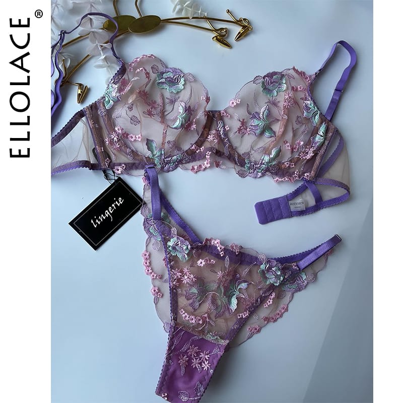 Ellolace Floral Fancy Transparent Bra Romantic Lingerie Sexy Bilizna For Sex Set Lace Erotic See-Through Underwear