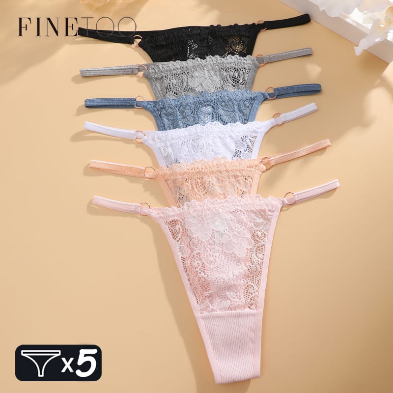 5PCS Cotton Floral Underwear for Women Low Rise Metal Buckle Waist Thongs Sexy Perspective G-String Female Breathable Lingerie