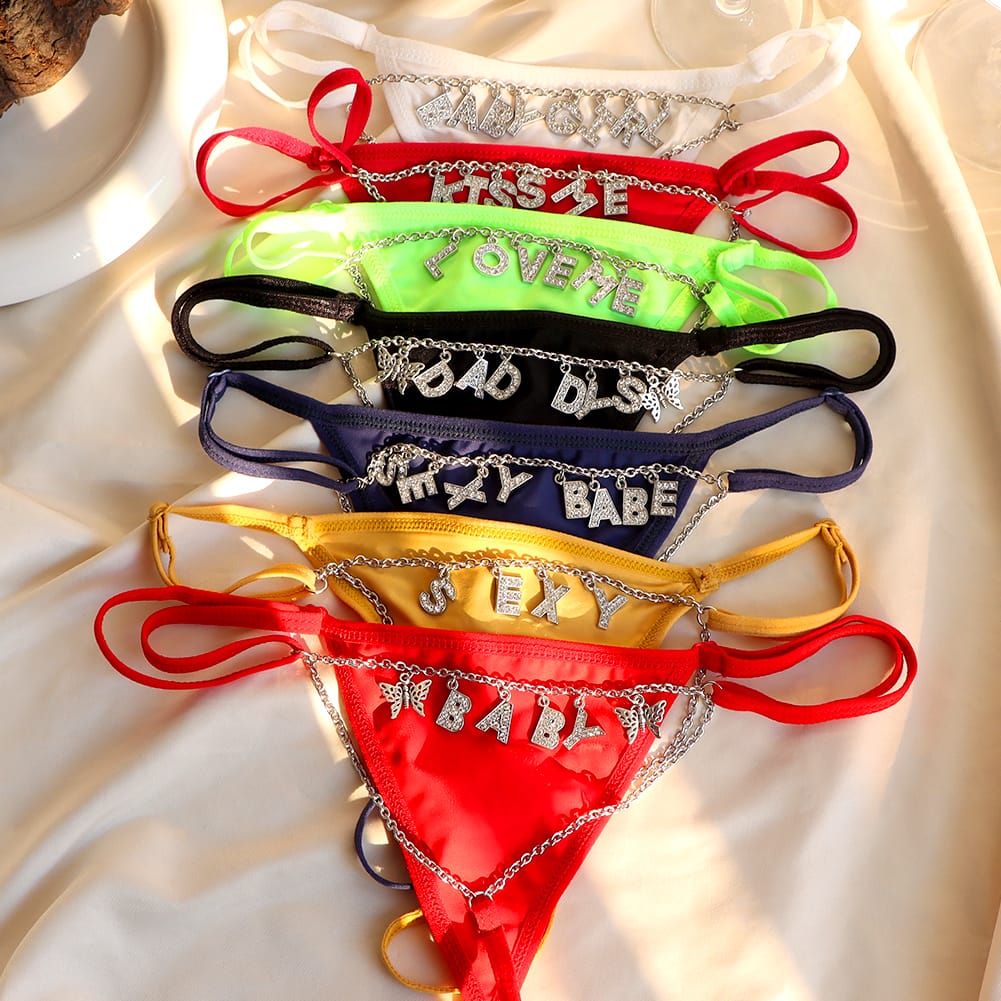 Sexy Custom Crystal Letters Underwear Thong for Women Solid Color Bikini G-String Fashion Personalised Girlfriend Birthday Gift