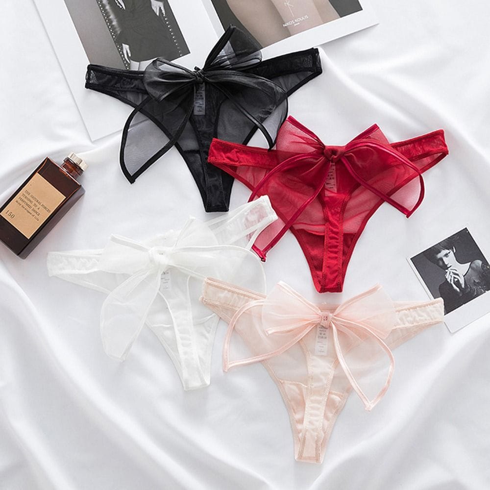 Sweet Solid Color Satin Bow Ribbon Pantie Girl Low Waist Temptation Thong Transparent Briefs Traceless Underwear Female Lingerie