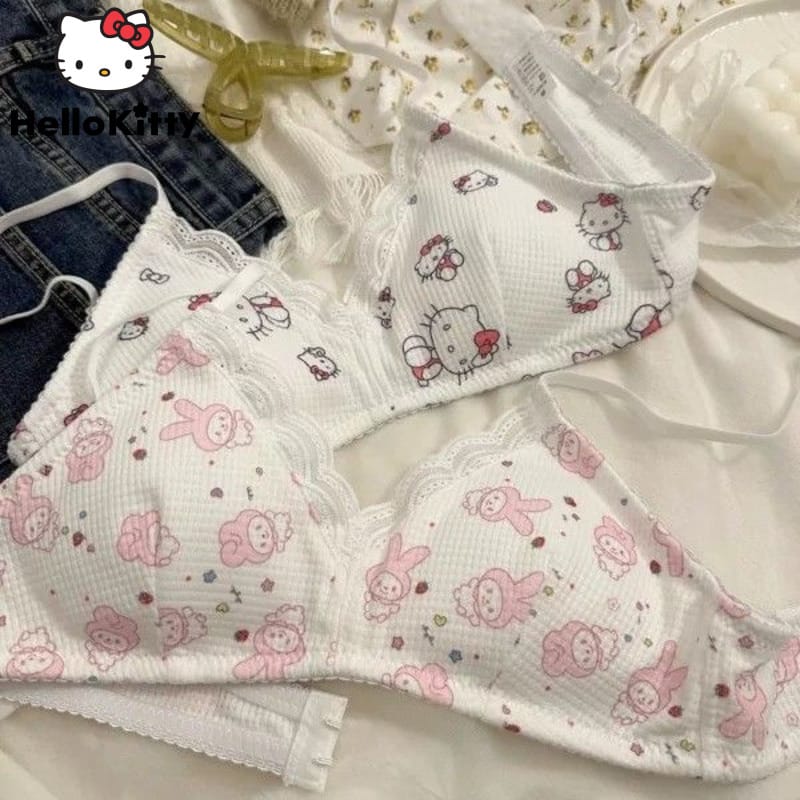 Sanrio Hello Kitty Girls Underwear Thin Triangle Cup Cartoon Cute Sweet Bra Set Y2k Aesthetic Lace Lingerie Women Kawaii Panties