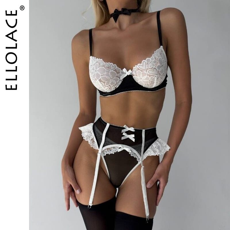 Ellolace Maid Outfit Lingerie Lace Stocking Underwear Cutey Bowknot Panties With Hairballs See Through Sensual Fancy Exotic Sets