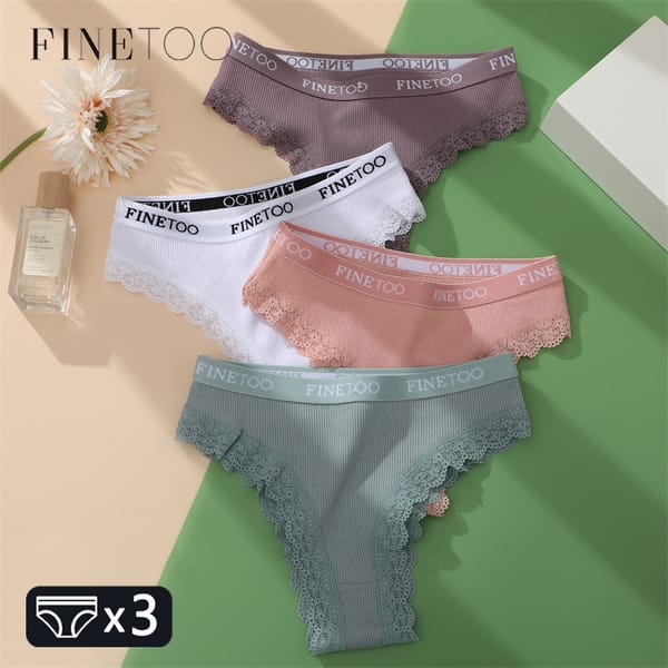 FINETOO 3PCS Women Cotton Brazilian Panties Sexy Lace Low Waist Underwear Solid Color Thongs Female Plus Size Lingerie G-String