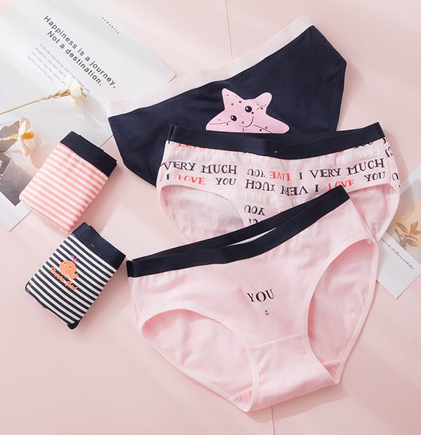 Women's Panties Mid-waist Cartoon Panties Pink Striped Letters Fashion Cute Briefs Women Underwear
