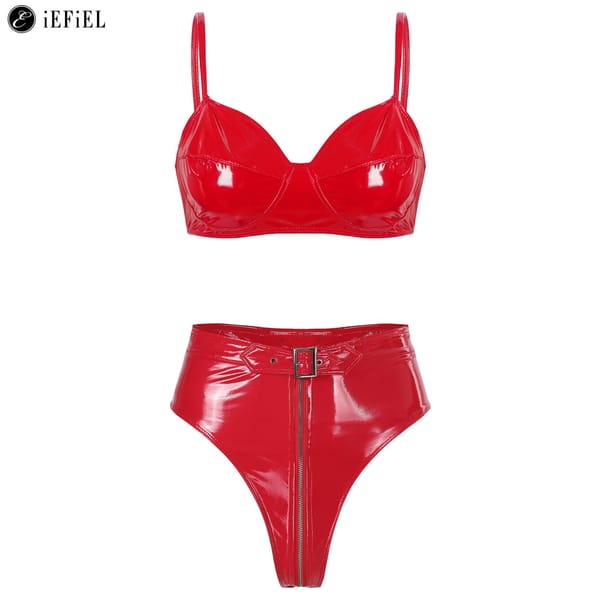 Womens Wet Look PVC Leather Underwear Set Wire-free Unlined Bra Top with High Cut Briefs Party Club Pole Dancing Clubwear
