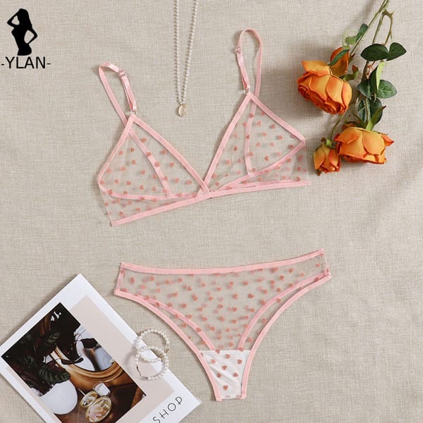 Bra Set Sensual Lingerie Woman Love Printing Sexy Underwear Pink Mesh See-Through Erotic Lingerie Sexy Women's Bra And Panty Set