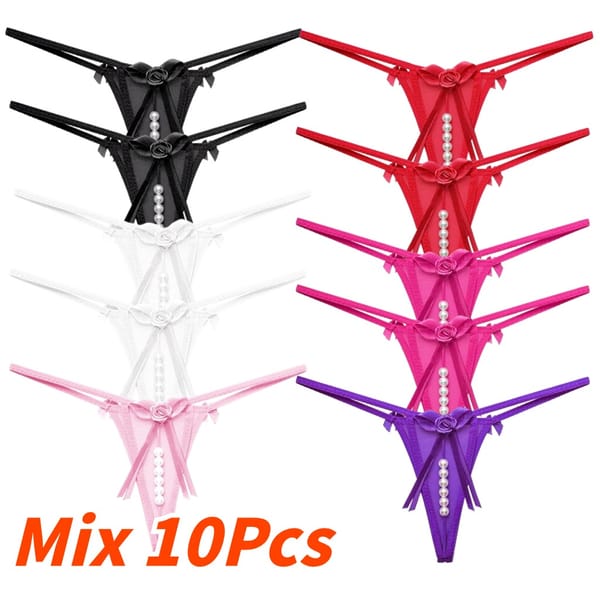 Sexy Lingerie Beading Floral Mesh Bow Black Women's Panties 1/3/5/10Pcs Lots G-strings Bowknot Underwear T-back Ladies Thongs