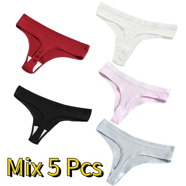 5pcs G-string Panties Cotton Women Sexy Underpants Ladies Ribbed Thong Solid Color Low Waist Bikini Briefs Underwear Plus Size