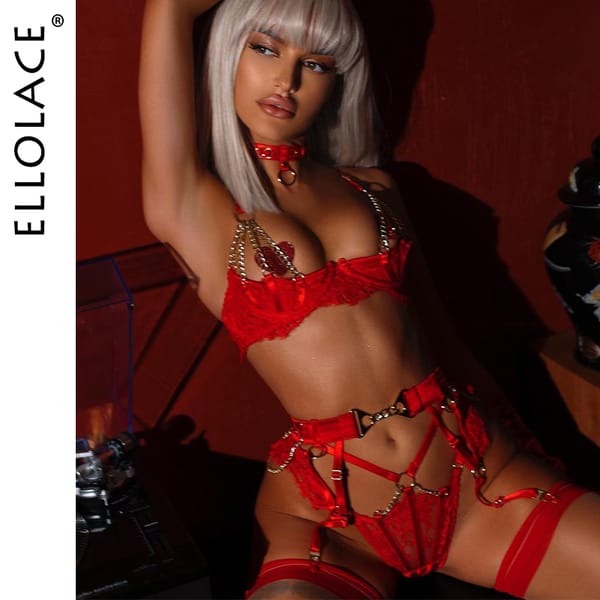Ellolace Fancy Lingerie Luxury Lace Push Up Half Cup Bra With Chain Hot Sexy Red Delicate Underwear Valentine Sissy Intimate