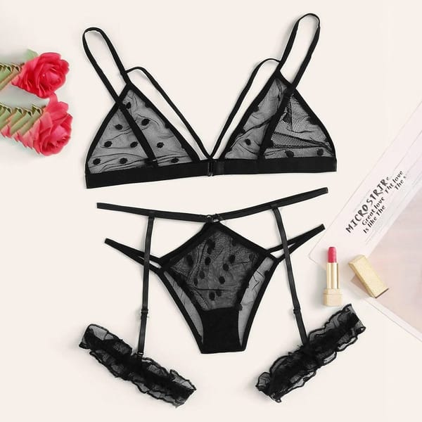 Mesh Sexy Bra Set Women Dot Print Sexy Lingerie Underwear Set Hot Erotic V-neck Braf Garter Thong Set Perspective Underwear