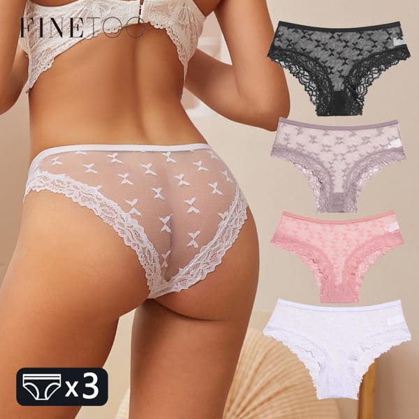 FINETOO 3PCS Women's Lace Panties Sexy Perspective Underwear Briefs Female Solid Color Hollow Out Lingerie Floral Intimates S-XL