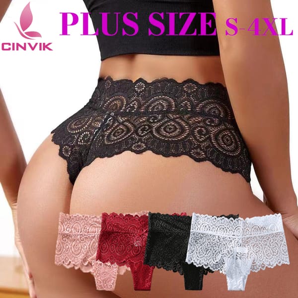 CINVIK 3/6PCS Women's Sexy Lace Underwear Plus Size Panties Sexy High Waist Brief Panties Sheer Intimates Women's Lingerie Tanga
