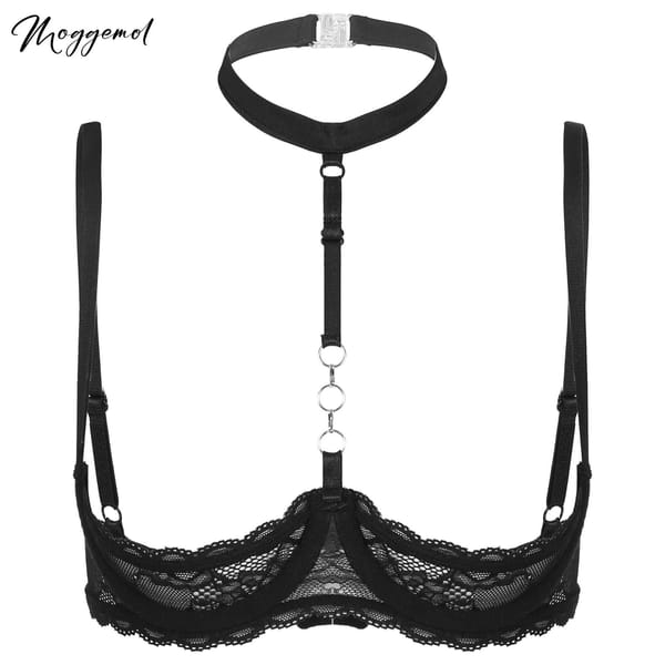 Womens Halter Neck O Ring 1/4 Cups Underwire Bra Sexy Lace Push Up Brassiere Breast Underwear Lingerie Spaghetti Straps Tops
