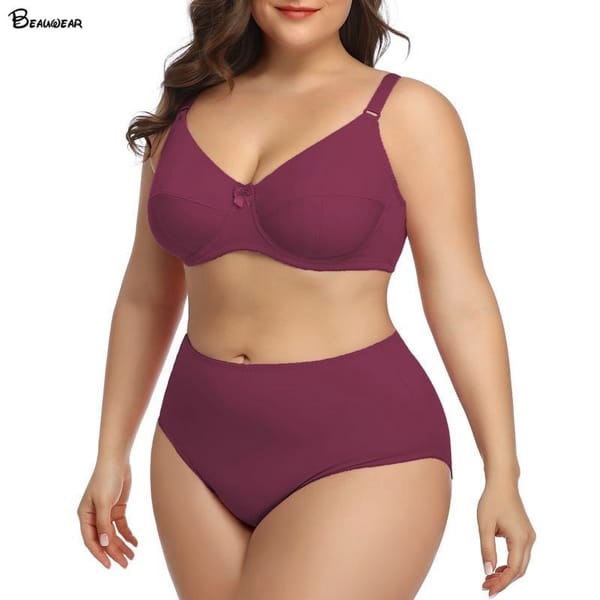 Beauwear 80D-120F Women's Plus Size Lingerie Set Sexy Plain Underwear Set UltraThin Unlined Full Cup Bra And Panty Set