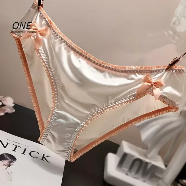Japanese Ice Silk Bow Satin Fashion Sexy Lace Underwear Women's Wooden Ear Ladies Low Waist Briefs New Triangular Panties