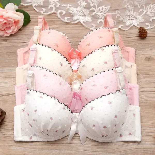 Puberty Women A B Cup Floral Print Underwire Bra Sweet Student Lace Bow Push Up Adjustable Small Bras Cotton Sexy Thin Underwear