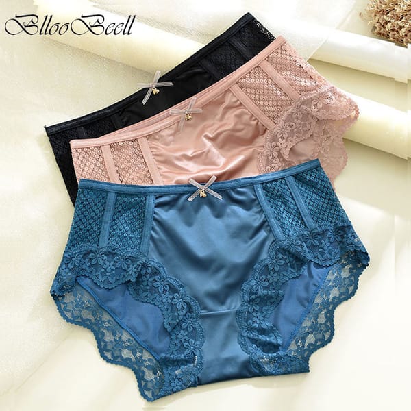 New Satin Women's Underwear Sexy Lace Panties Seamless Low Waist Girls Soft Ice Silk Briefs Solid Color Ladies Lingerie